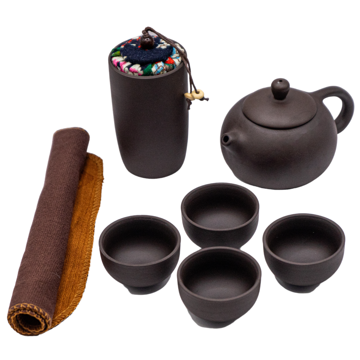 Set de Viaje con Tetera de Cerámica, Vasitos, Estuche y Mantel