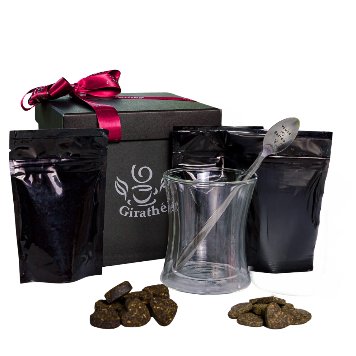 Kit de Regalo del Amor y Amistad (Té verde y te negro en forma de corazón de 100 gramos cada uno, Cuchara en forma de corazón, Vaso doble fondo, Caja para regalo)
